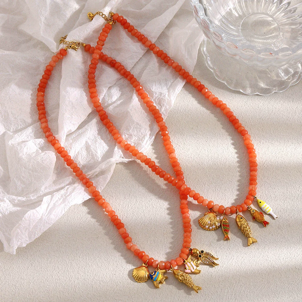 Wholesale Handmade Beaded Stainless Steel Electroplated 18K Gold Geometric Red Agate Marine Life Pendant Necklace For Women - Image 4