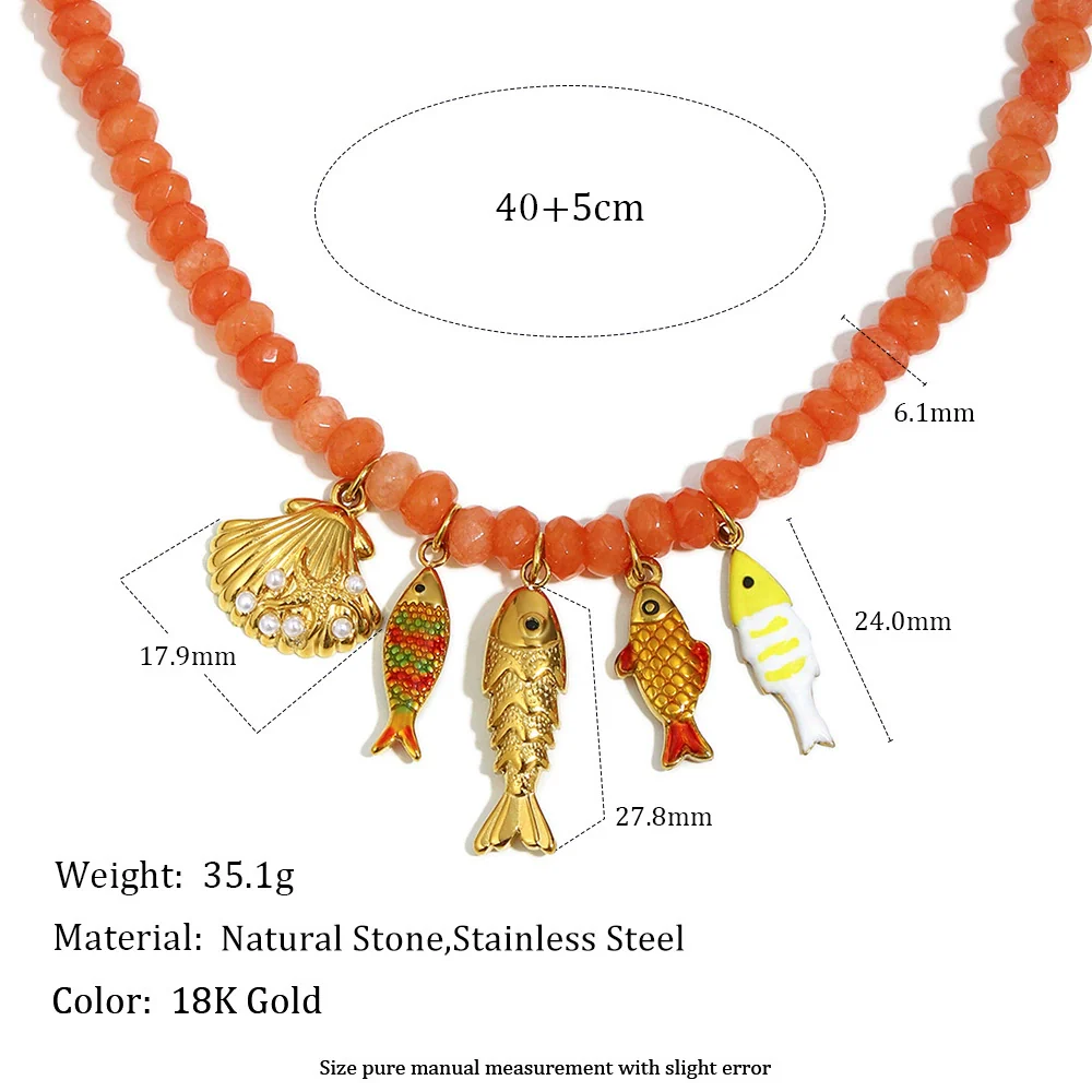 Wholesale Handmade Beaded Stainless Steel Electroplated 18K Gold Geometric Red Agate Marine Life Pendant Necklace For Women - Image 6