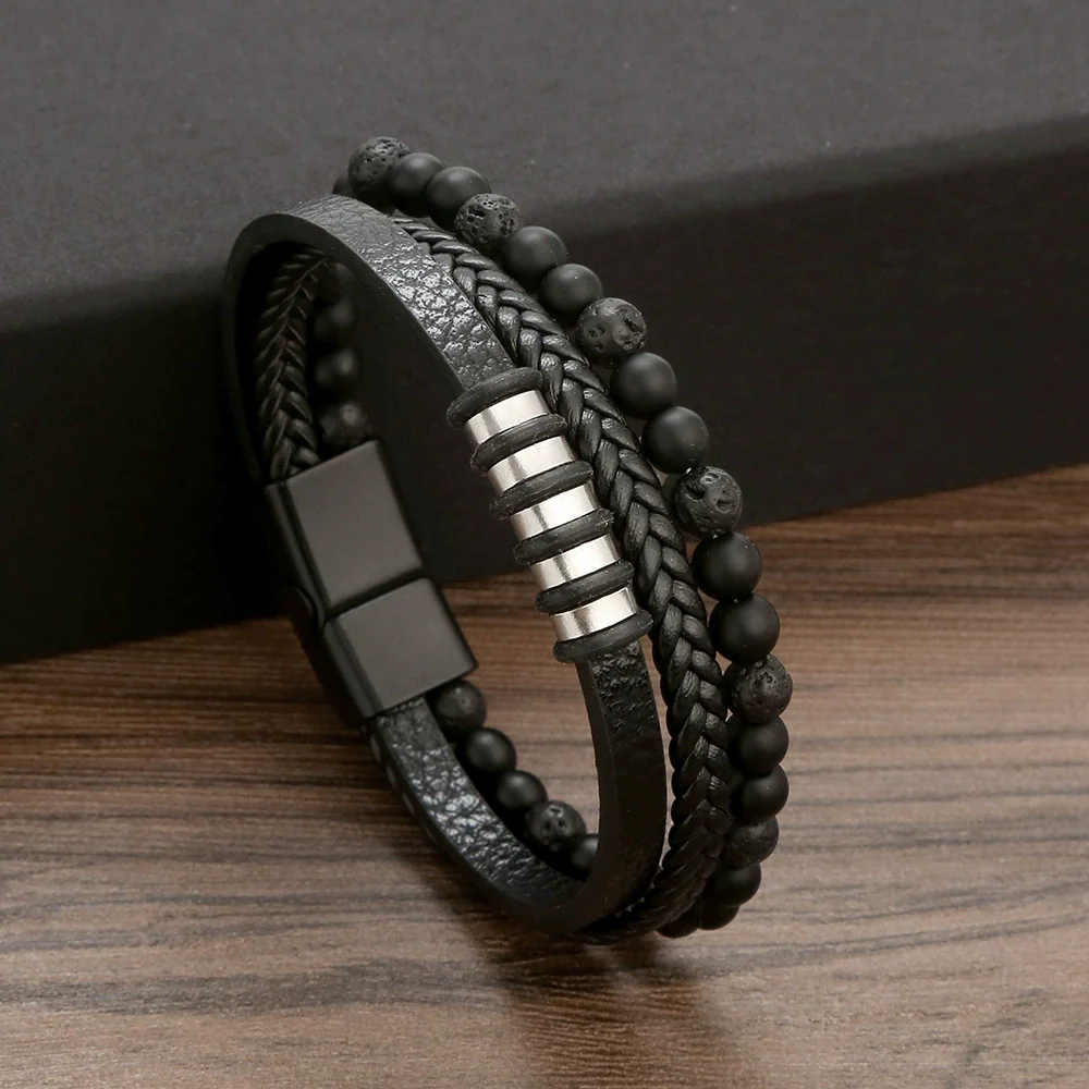 Wholesale Handmade Cowhide Braided Stainless Steel Geometric Bracelets For Men - Image 5