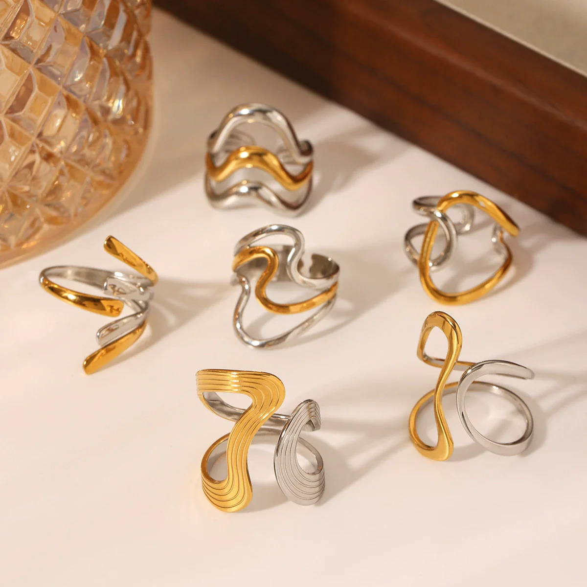 Wholesale Handmade Electroplated Stainless Steel Irregular Geometric Open Ring For Women - Image 3