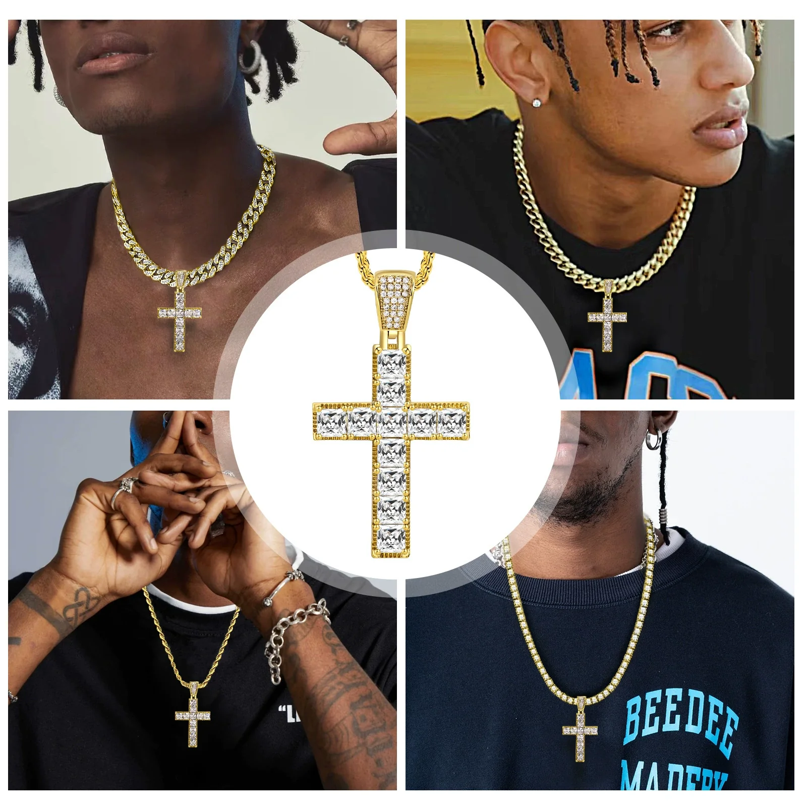 Wholesale Handmade Geometric Inlaid Zircon Copper Cross Necklace Hip Hop Jewelry - Image 3
