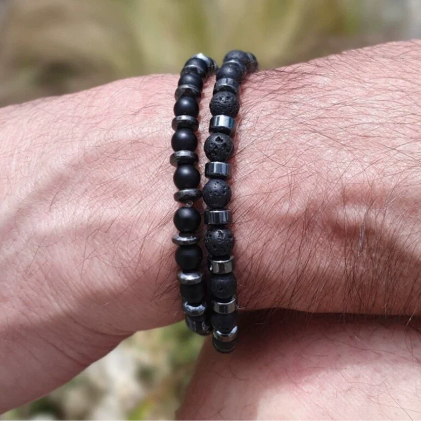 Wholesale Handmade Geometric Volcanic Stone Black Gallstone Beaded Elastic Unisex Bracelet - Image 2