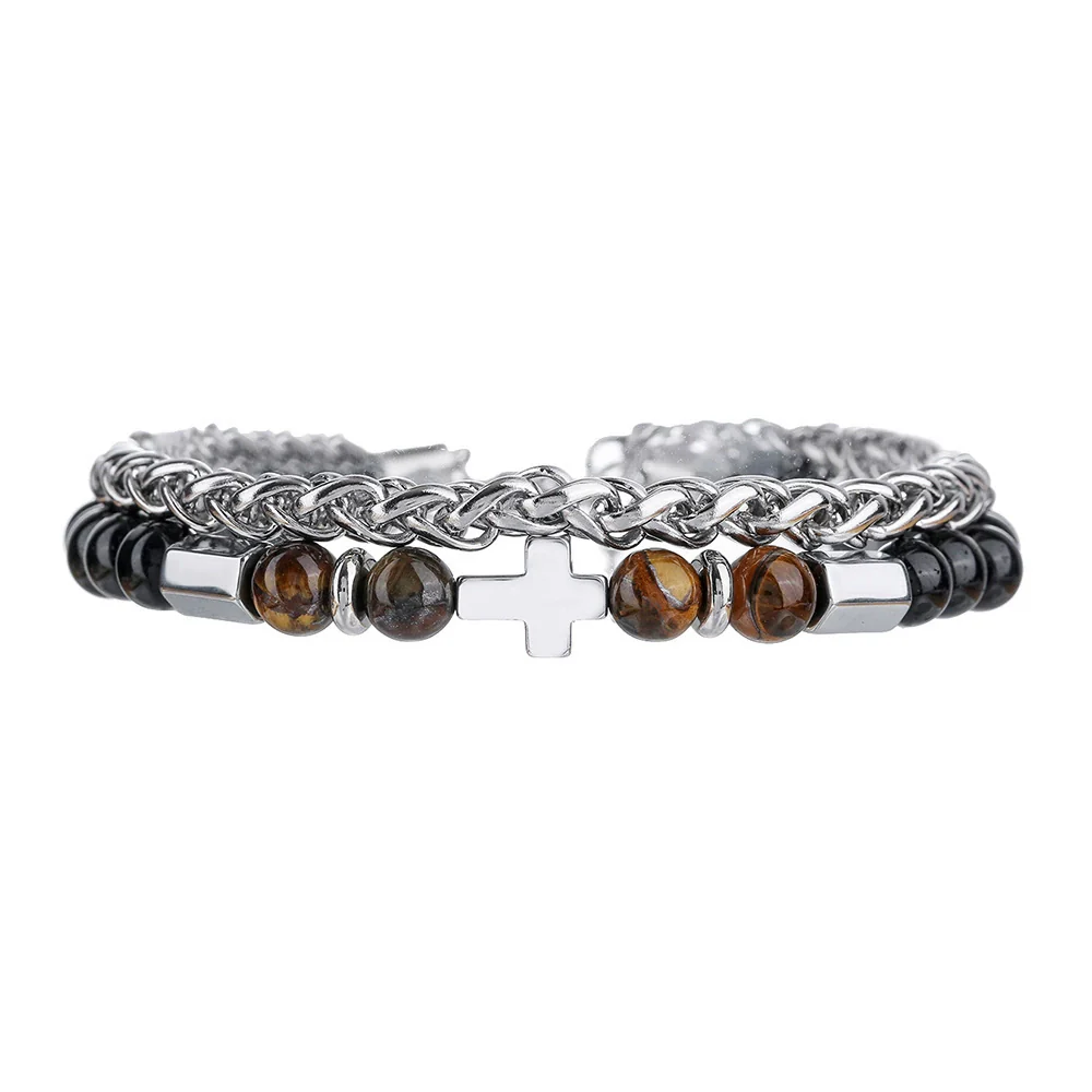 Wholesale Handmade Stainless Steel Bracelet With Black Onyx Tiger Eye Stone Black Gallstone Cross For Men - Image 5