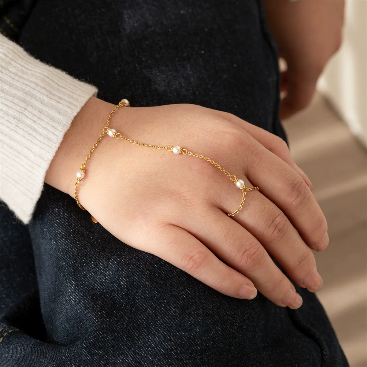 Wholesale Handmade Stainless Steel Geometric Cute Finger Bracelet With Imitation Pearl And Blue Turquoise For Unisex - Image 3