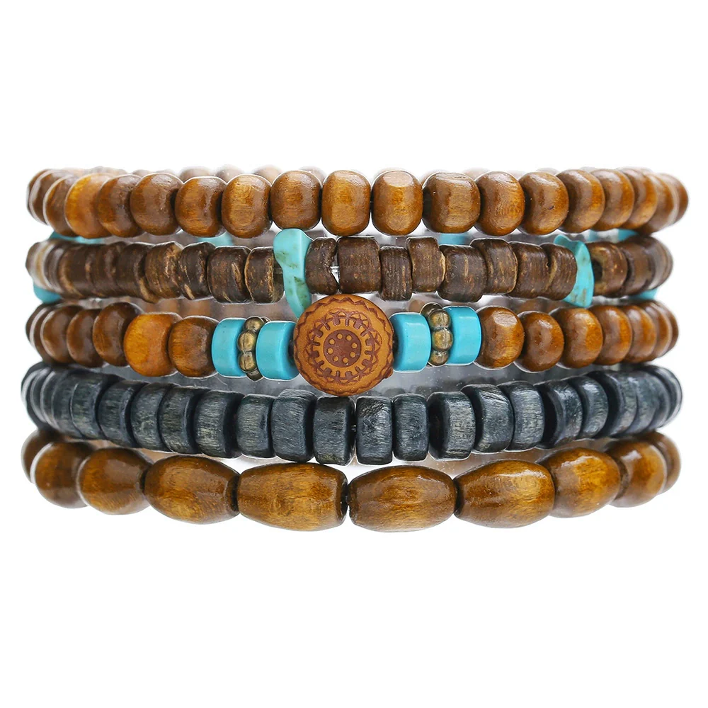 Wholesale Handmade Wooden Beads Alloy Multilayer Elastic Geometric Unisex Bracelet - Image 9