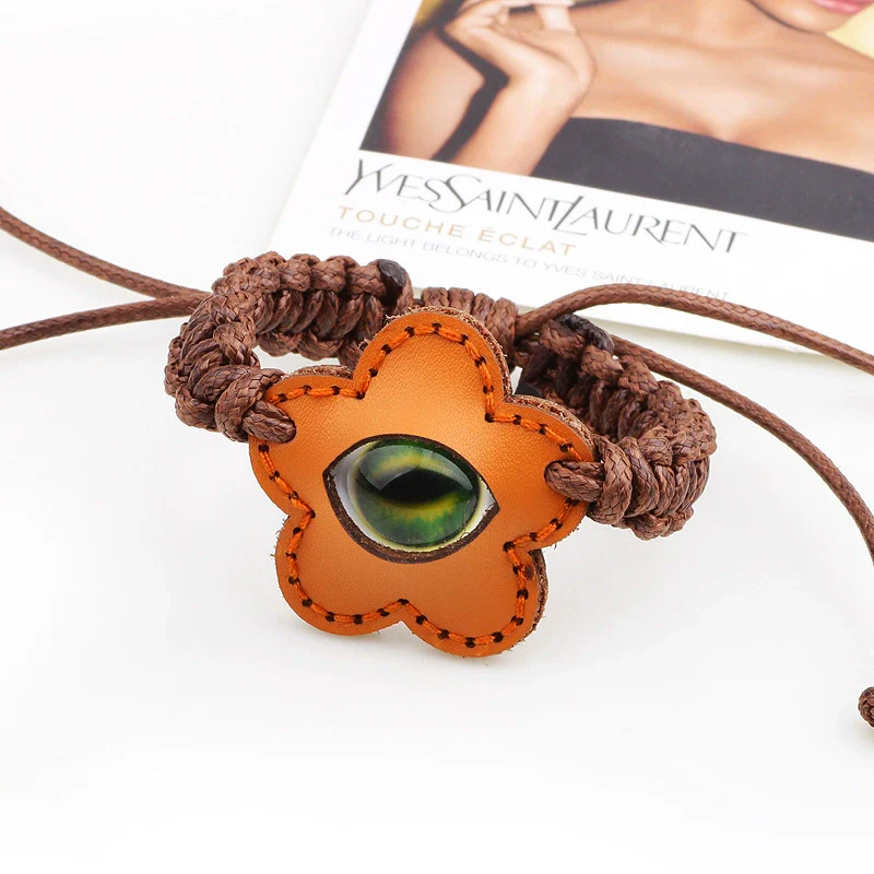 Wholesale Handwoven Leather Bracelet With Luminous Stone Devil's Eye And Leaf Pattern - Image 4