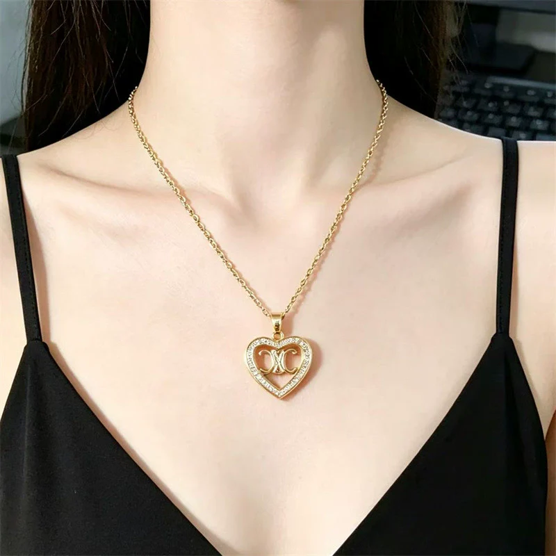 Wholesale Heartshaped Diamondstudded Rose Dragonfly Butterfly Pendant Necklace For Couples Copper Inlaid With Zircon 18K Real Gold Plated Titanium Steel Flash O Chain - Image 4