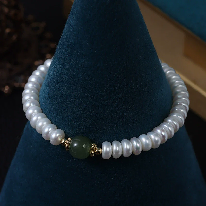Wholesale Hetian Jade Freshwater Pearl Bracelet Simple Elastic Line Design Unisex Alien Shape - Image 4