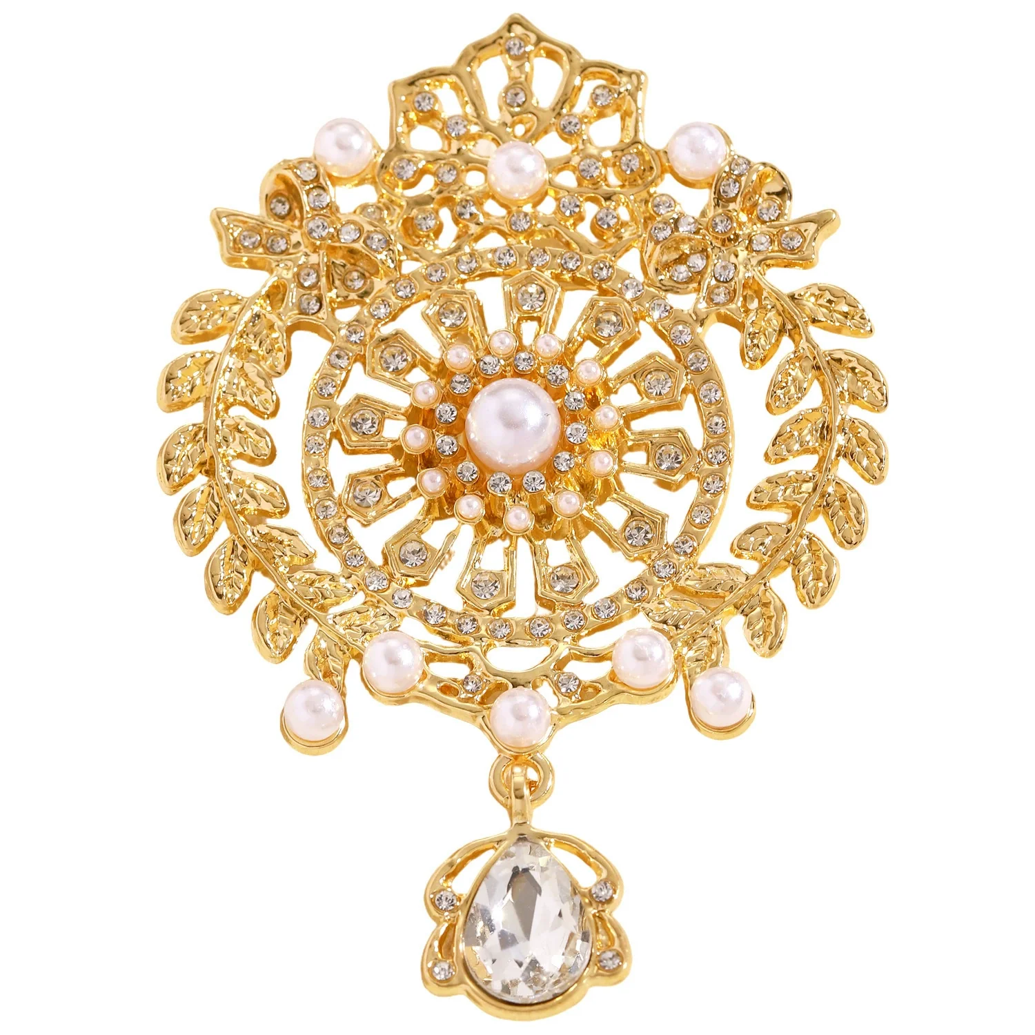 Wholesale Highend Luxury Alloy Full Diamond Carved Flower Crown Drop Shape Brooch Unisex Accessory Set With Diamonds - Image 5