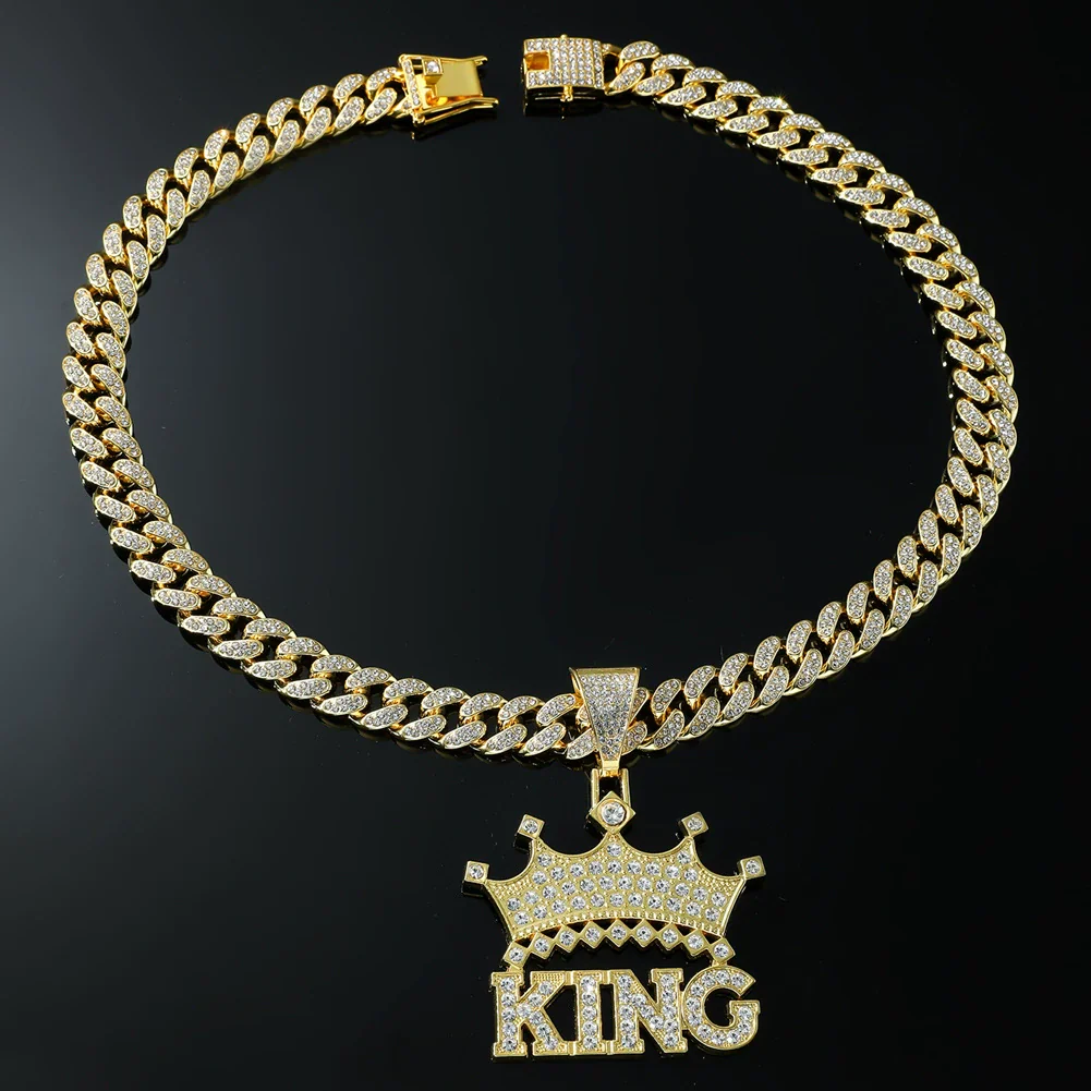 Wholesale Hip Hop Alloy Necklace With Letter Crown Pendant And Diamond Design For Men Cuban Chain Style - Image 2