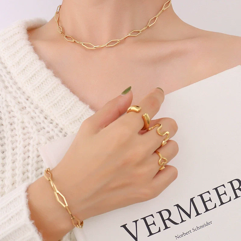Wholesale Hip Hop Geometric Stacked Wear Simple Bare Chain 18K Gold Plated Titanium Steel Bracelet And Necklace Set For Women - Image 10