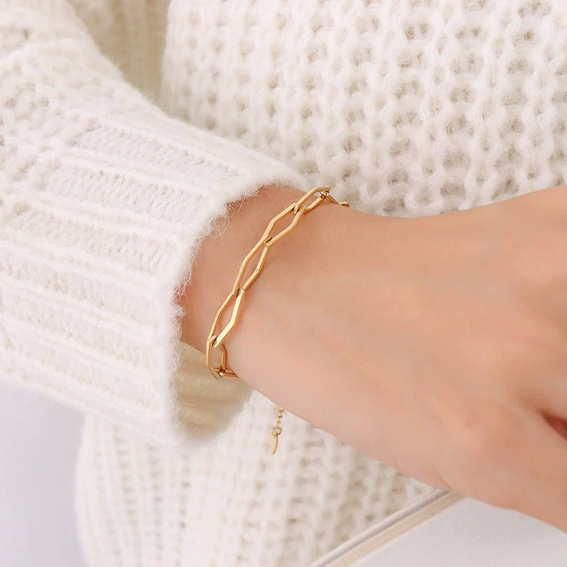 Wholesale Hip Hop Geometric Stacked Wear Simple Bare Chain 18K Gold Plated Titanium Steel Bracelet And Necklace Set For Women - Image 11