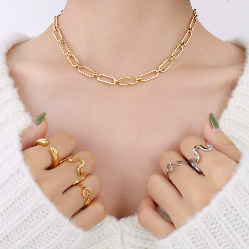 Wholesale Hip Hop Geometric Stacked Wear Simple Bare Chain 18K Gold Plated Titanium Steel Bracelet And Necklace Set For Women - Image 12