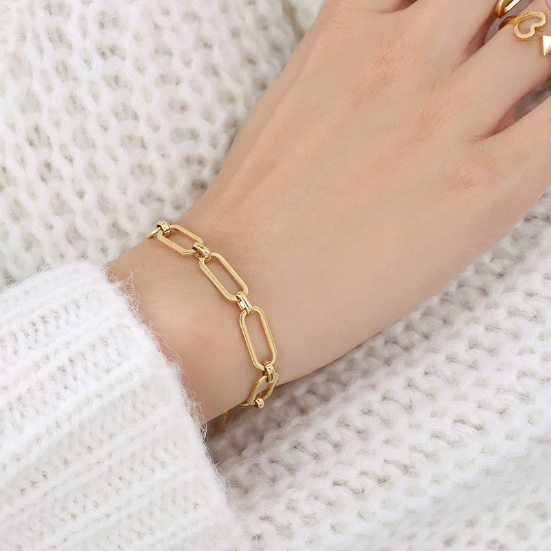Wholesale Hip Hop Geometric Stacked Wear Simple Bare Chain 18K Gold Plated Titanium Steel Bracelet And Necklace Set For Women - Image 13