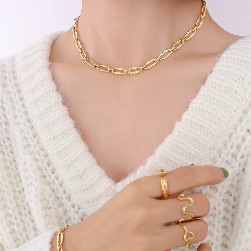 Wholesale Hip Hop Geometric Stacked Wear Simple Bare Chain 18K Gold Plated Titanium Steel Bracelet And Necklace Set For Women - Image 16