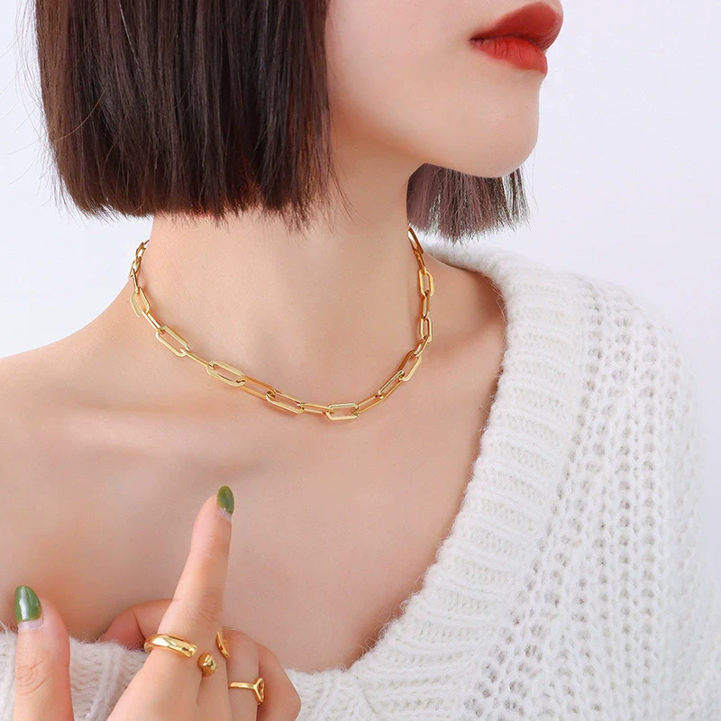 Wholesale Hip Hop Geometric Stacked Wear Simple Bare Chain 18K Gold Plated Titanium Steel Bracelet And Necklace Set For Women - Image 18