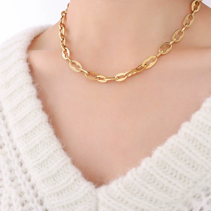 Wholesale Hip Hop Geometric Stacked Wear Simple Bare Chain 18K Gold Plated Titanium Steel Bracelet And Necklace Set For Women - Image 20