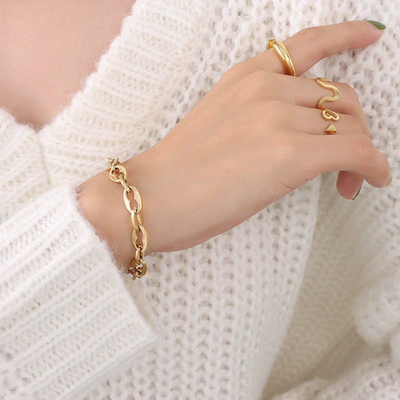 Wholesale Hip Hop Geometric Stacked Wear Simple Bare Chain 18K Gold Plated Titanium Steel Bracelet And Necklace Set For Women - Image 21