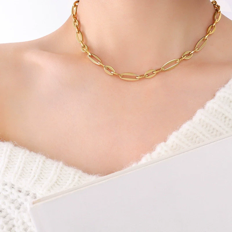 Wholesale Hip Hop Geometric Stacked Wear Simple Bare Chain 18K Gold Plated Titanium Steel Bracelet And Necklace Set For Women - Image 22