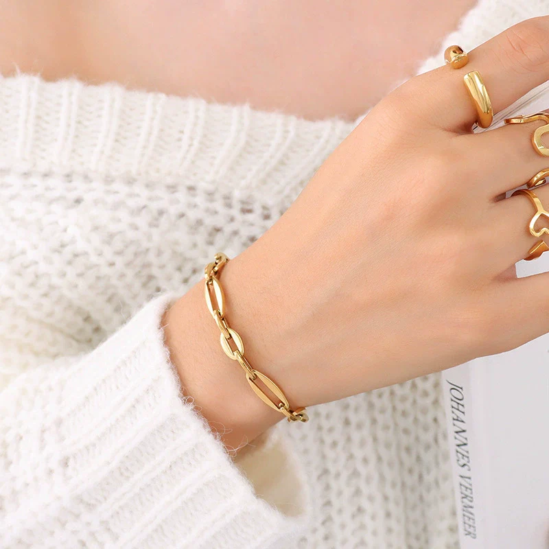 Wholesale Hip Hop Geometric Stacked Wear Simple Bare Chain 18K Gold Plated Titanium Steel Bracelet And Necklace Set For Women - Image 23