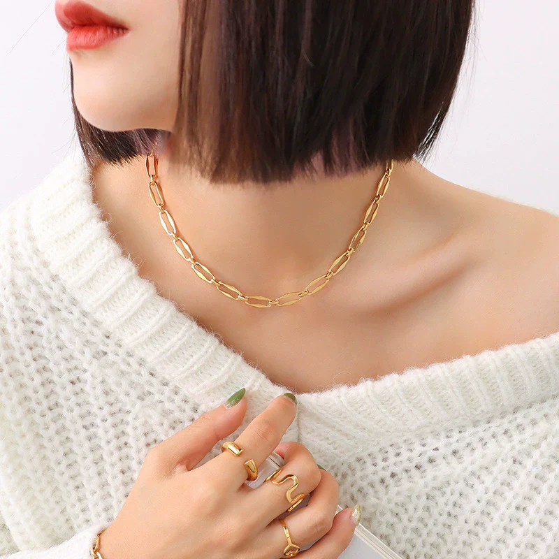 Wholesale Hip Hop Geometric Stacked Wear Simple Bare Chain 18K Gold Plated Titanium Steel Bracelet And Necklace Set For Women - Image 24