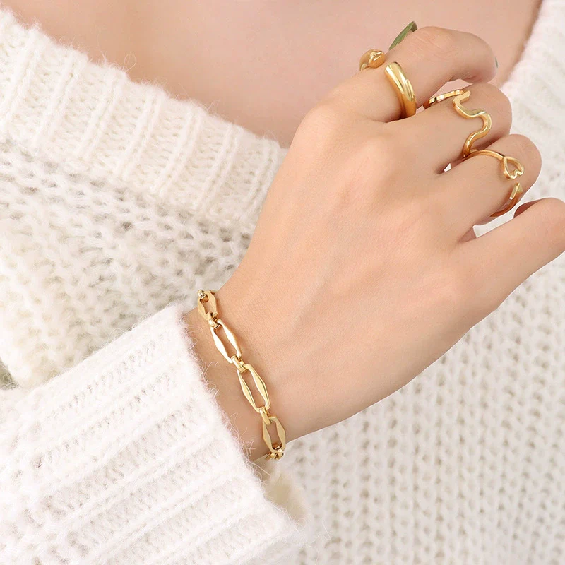 Wholesale Hip Hop Geometric Stacked Wear Simple Bare Chain 18K Gold Plated Titanium Steel Bracelet And Necklace Set For Women - Image 25