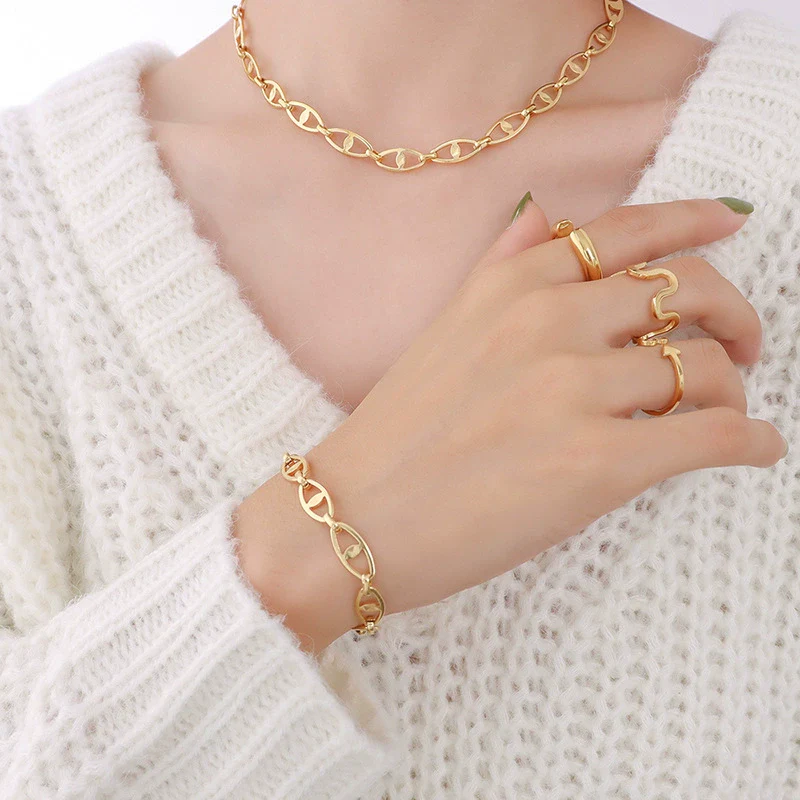 Wholesale Hip Hop Geometric Stacked Wear Simple Bare Chain 18K Gold Plated Titanium Steel Bracelet And Necklace Set For Women - Image 3