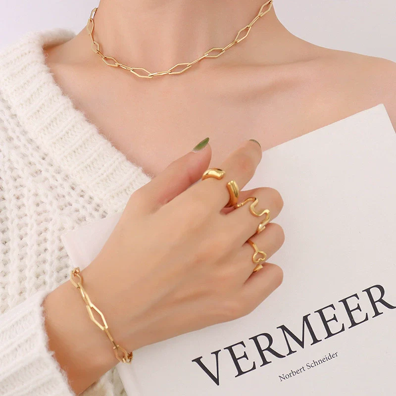 Wholesale Hip Hop Geometric Stacked Wear Simple Bare Chain 18K Gold Plated Titanium Steel Bracelet And Necklace Set For Women - Image 4