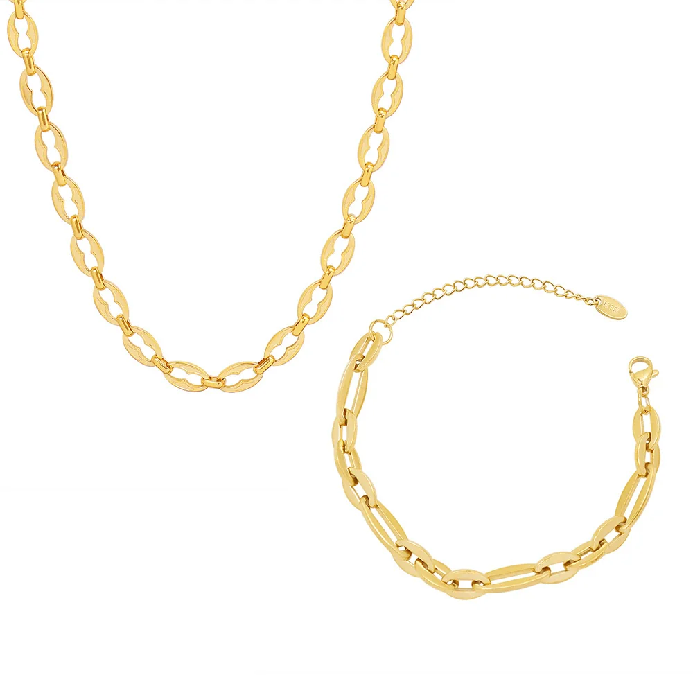 Wholesale Hip Hop Geometric Stacked Wear Simple Bare Chain 18K Gold Plated Titanium Steel Bracelet And Necklace Set For Women - Image 5