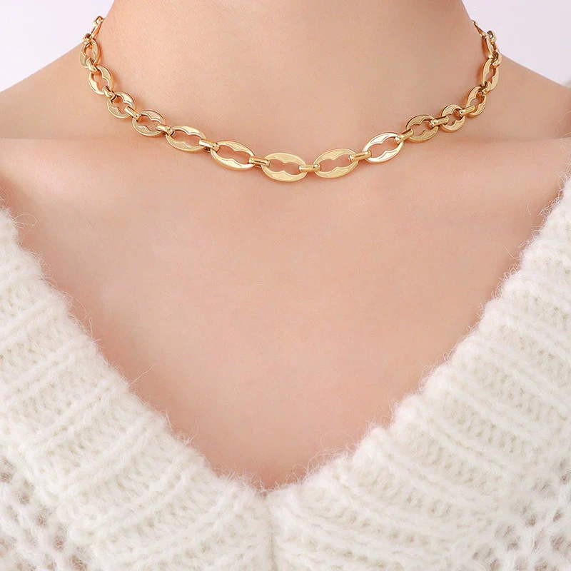 Wholesale Hip Hop Geometric Stacked Wear Simple Bare Chain 18K Gold Plated Titanium Steel Bracelet And Necklace Set For Women - Image 8