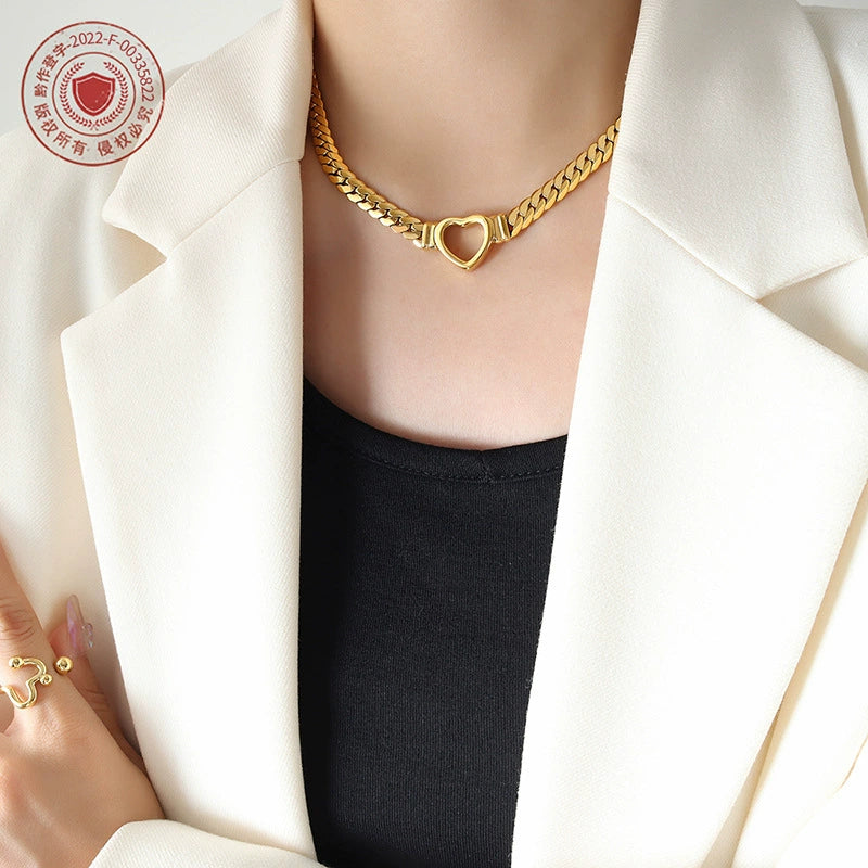Wholesale Hip Hop Punk Geometric Heart Cuban Chain Ring Necklace In Titanium Steel 18K Gold Plated Jewelry - Image 2