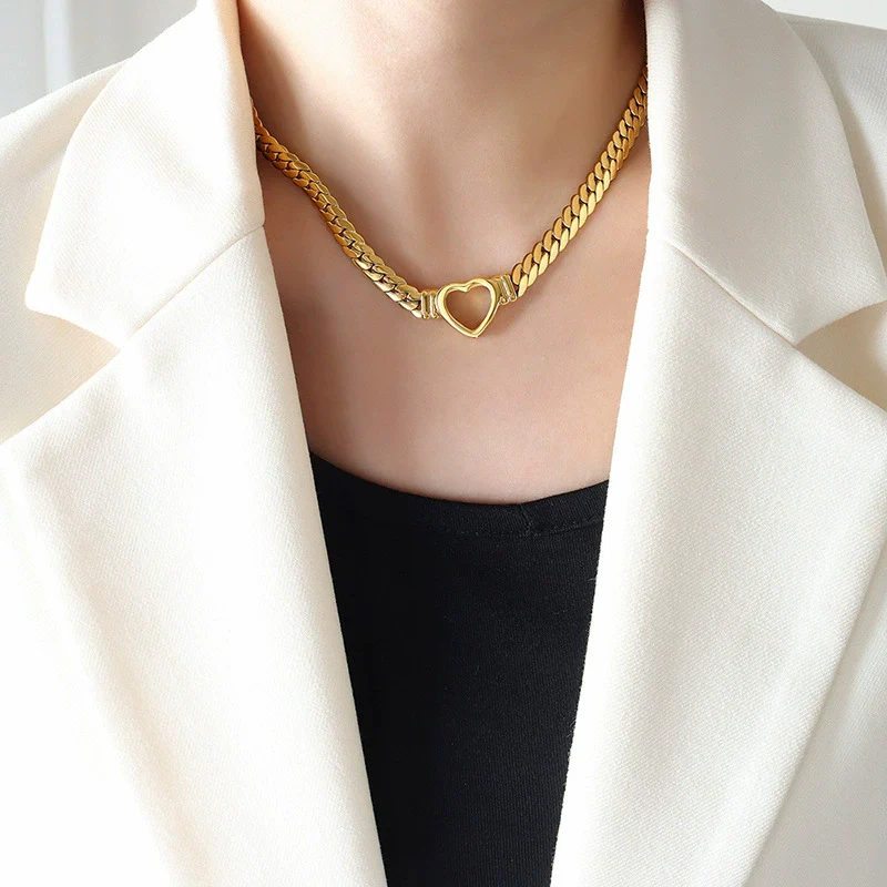 Wholesale Hip Hop Punk Geometric Heart Cuban Chain Ring Necklace In Titanium Steel 18K Gold Plated Jewelry - Image 3