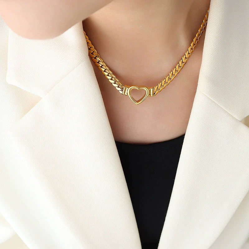 Wholesale Hip Hop Punk Geometric Heart Cuban Chain Ring Necklace In Titanium Steel 18K Gold Plated Jewelry - Image 6