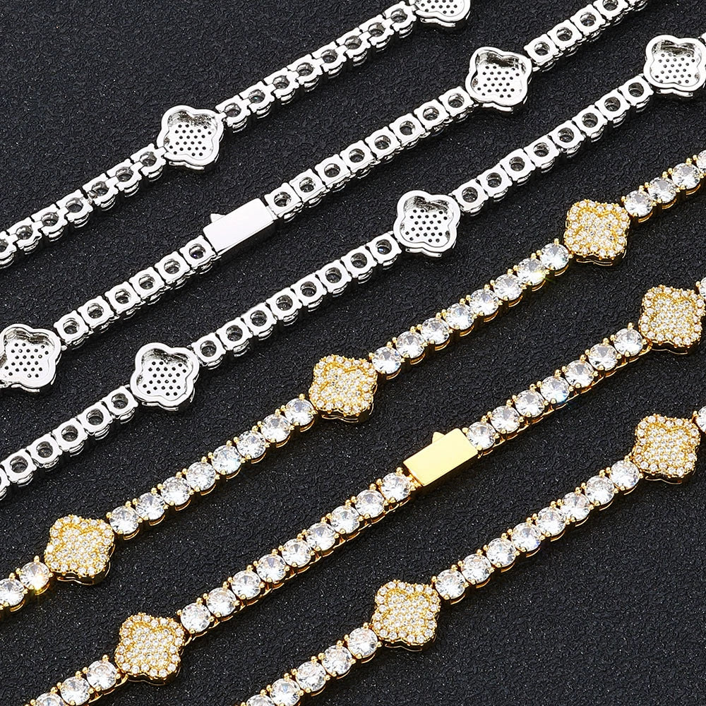 Wholesale Hip Hop Style Copper Zircon Tennis Chain Four Leaf Clover Necklace And Bracelet Jewelry - Image 3