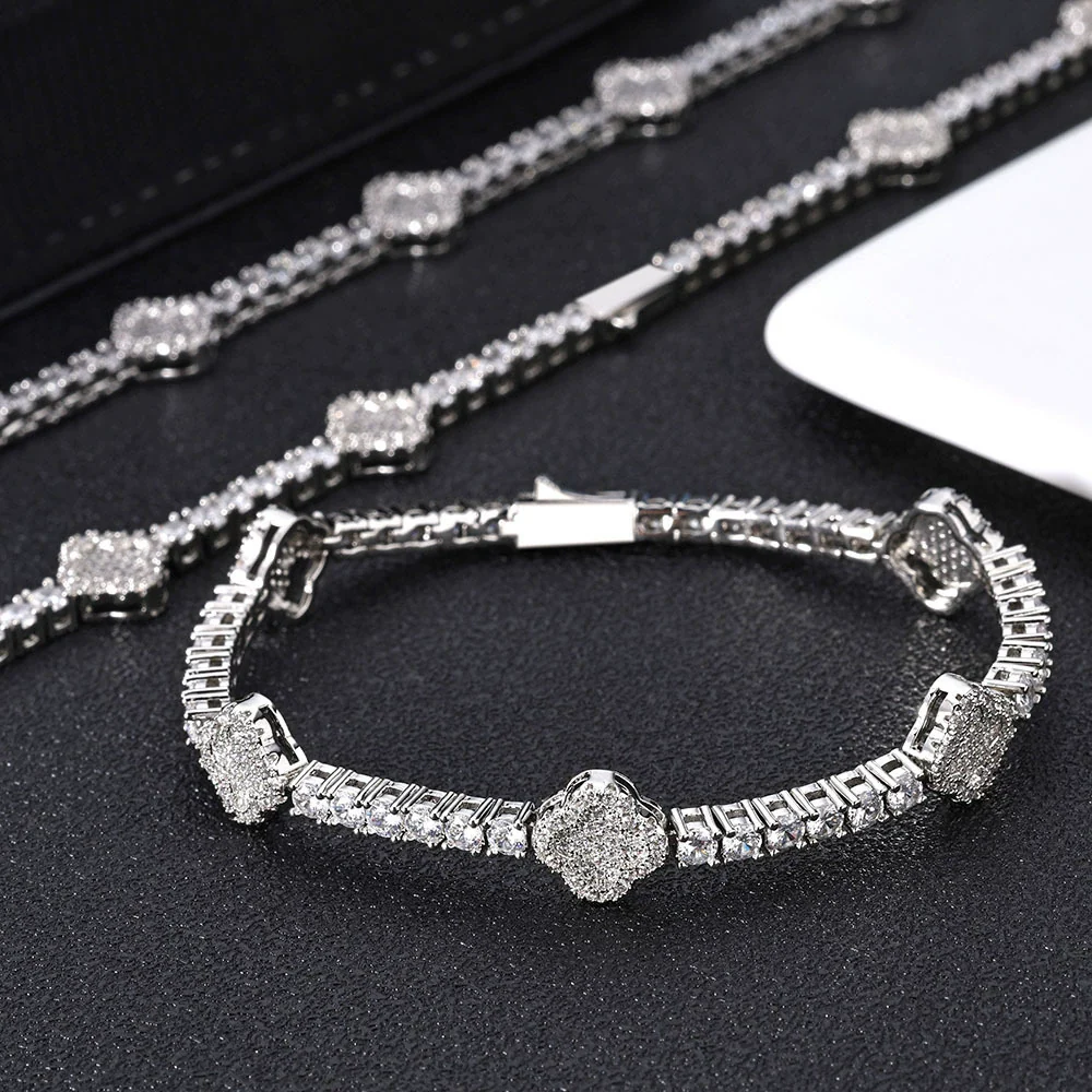 Wholesale Hip Hop Style Copper Zircon Tennis Chain Four Leaf Clover Necklace And Bracelet Jewelry - Image 7