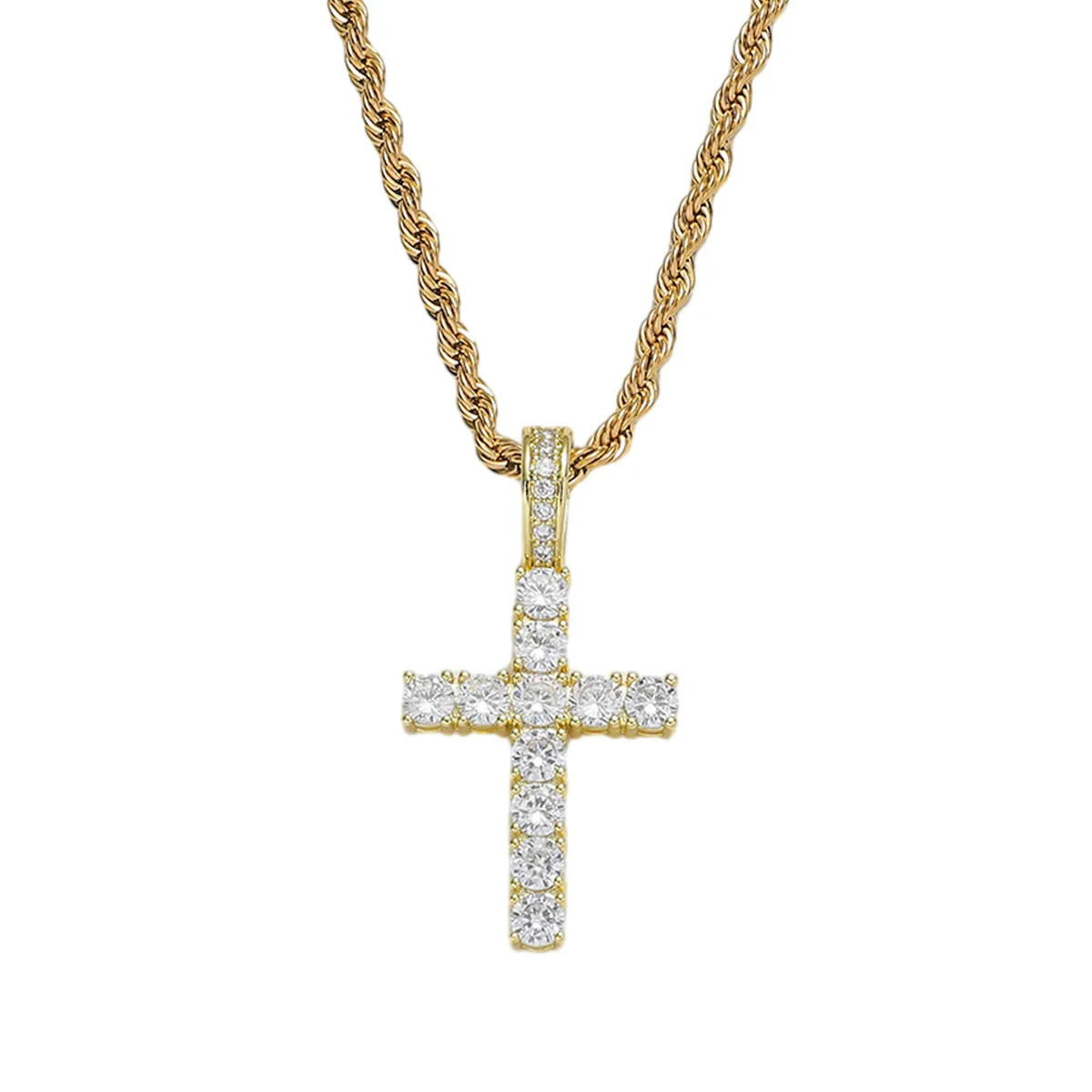 Wholesale Hiphop Copper Alloy Zircon Cross Pendant Necklace Set With Diamonds On Twist Chain Unisex - Image 5