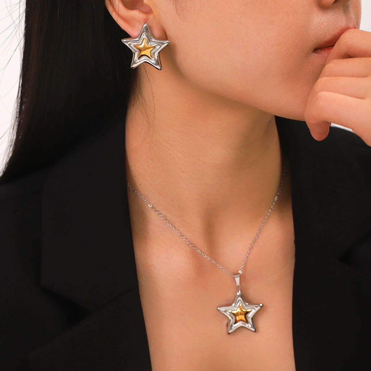 Wholesale Ins Style Electroplated Stainless Steel And Titanium Steel Geometric Star Pendant Necklace For Women With O Word Chain - Image 2