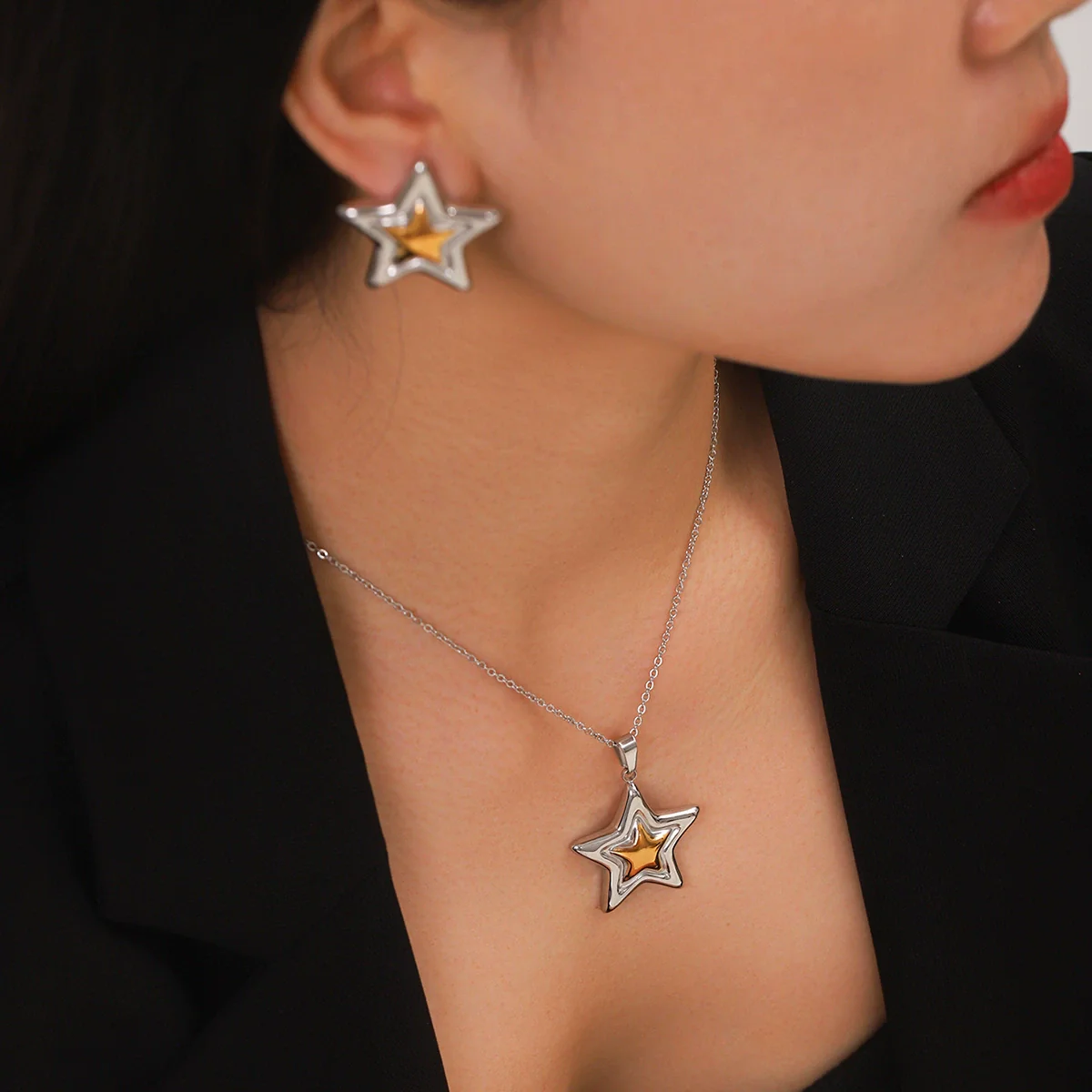 Wholesale Ins Style Electroplated Stainless Steel And Titanium Steel Geometric Star Pendant Necklace For Women With O Word Chain - Image 4