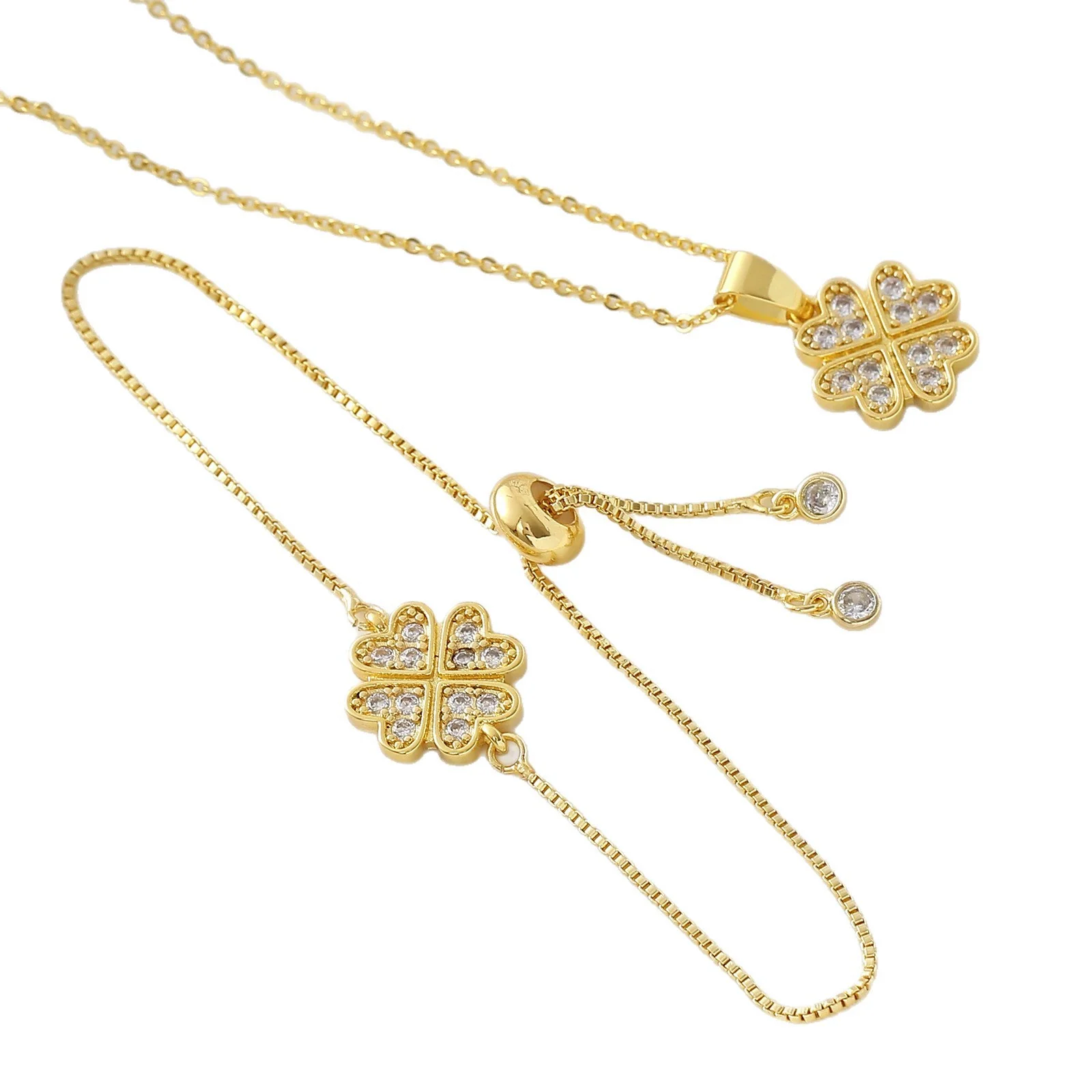 Wholesale Ins Style Goldplated Copper Fourleaf Clover Pendant Necklace With Pullout Bracelet Jewelry Set For Women - Image 5