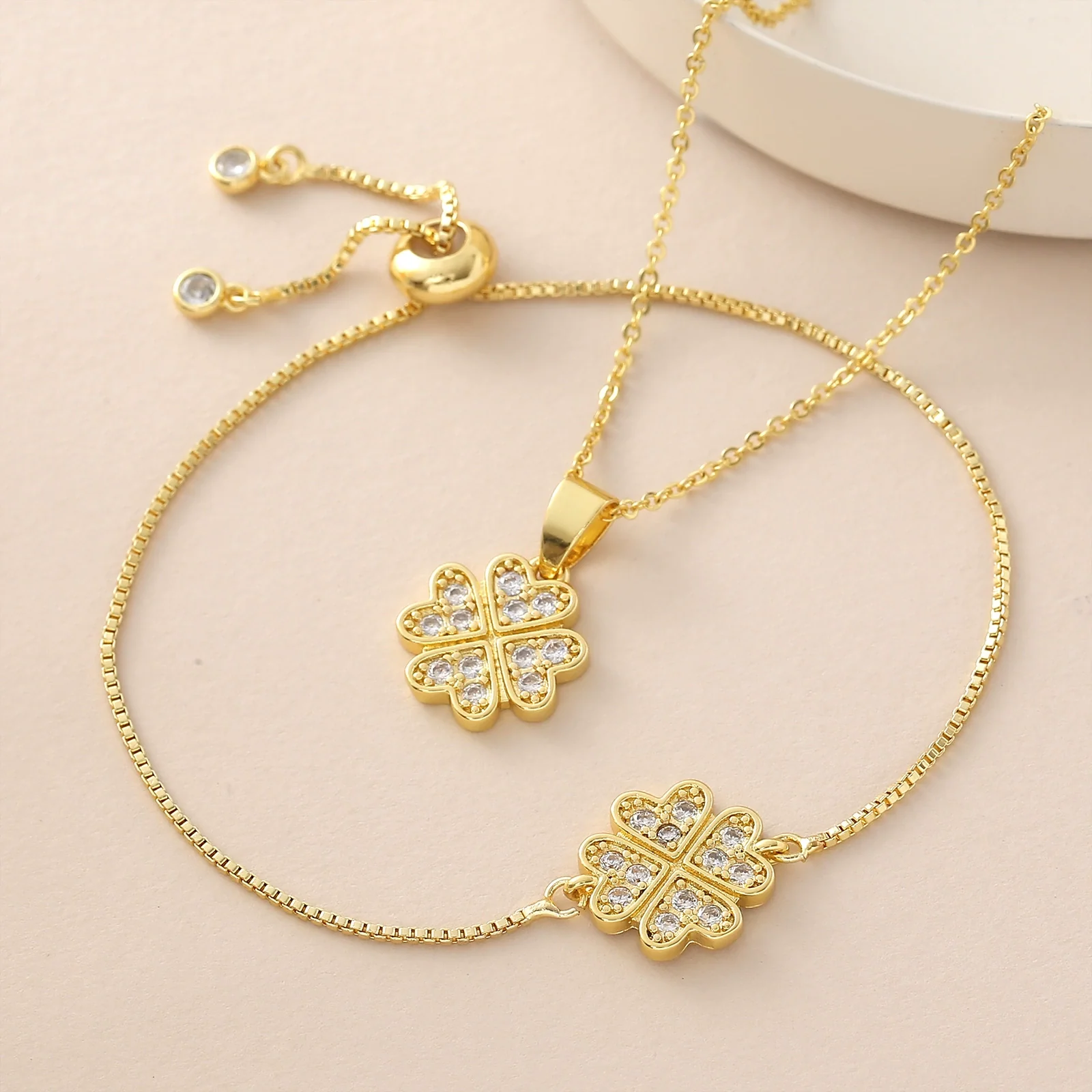 Wholesale Ins Style Goldplated Copper Fourleaf Clover Pendant Necklace With Pullout Bracelet Jewelry Set For Women - Image 8