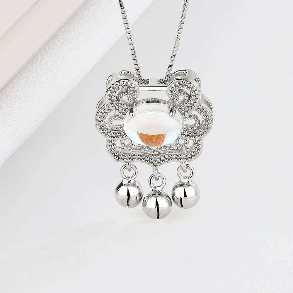 Wholesale Jewelry 925 Sterling Silver Geometric Long Life Lock Bell Necklace With Moonstone And Electroplating Treatment