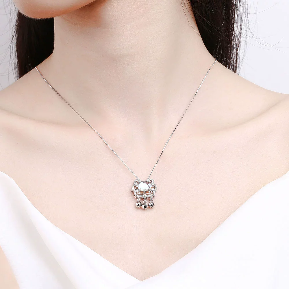 Wholesale Jewelry 925 Sterling Silver Geometric Long Life Lock Bell Necklace With Moonstone And Electroplating Treatment - Image 2