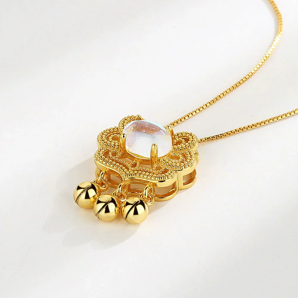 Wholesale Jewelry 925 Sterling Silver Geometric Long Life Lock Bell Necklace With Moonstone And Electroplating Treatment - Image 4