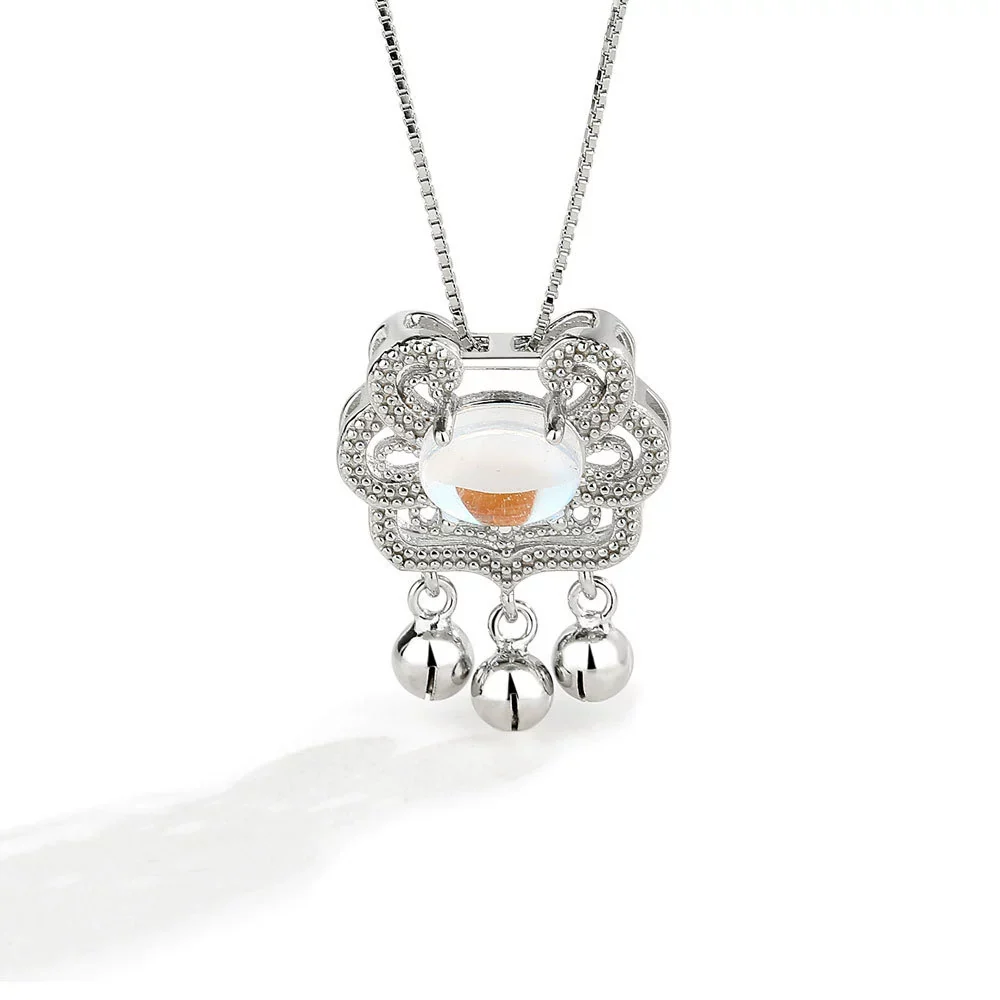 Wholesale Jewelry 925 Sterling Silver Geometric Long Life Lock Bell Necklace With Moonstone And Electroplating Treatment - Image 5