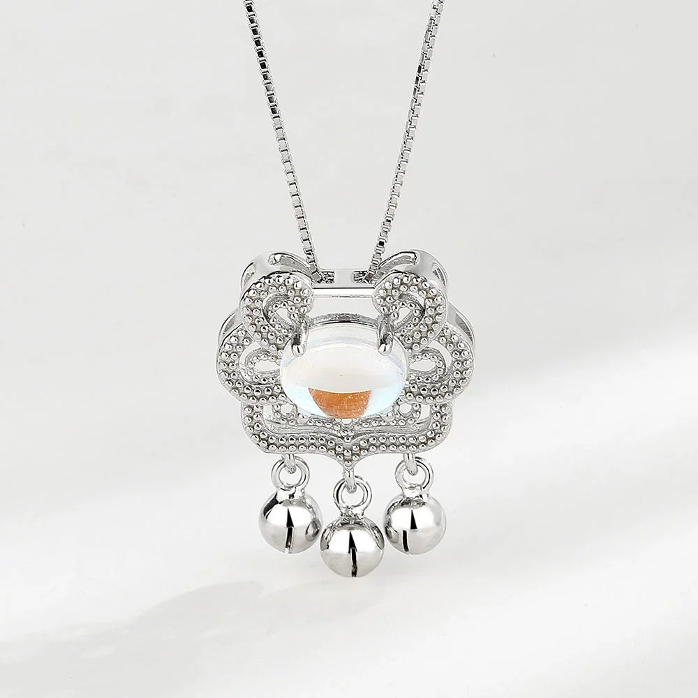Wholesale Jewelry 925 Sterling Silver Geometric Long Life Lock Bell Necklace With Moonstone And Electroplating Treatment - Image 6