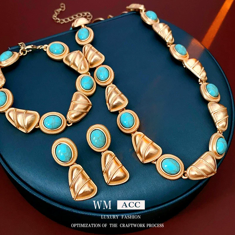 Wholesale Jewelry Alloy Medieval Vintage Style Triangular Heart Water Drop Bell Electroplated Earrings Clavicle Chain Hand Accessories Set - Image 2