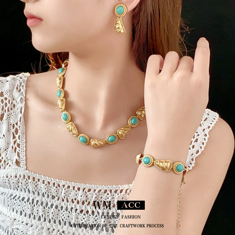 Wholesale Jewelry Alloy Medieval Vintage Style Triangular Heart Water Drop Bell Electroplated Earrings Clavicle Chain Hand Accessories Set - Image 3