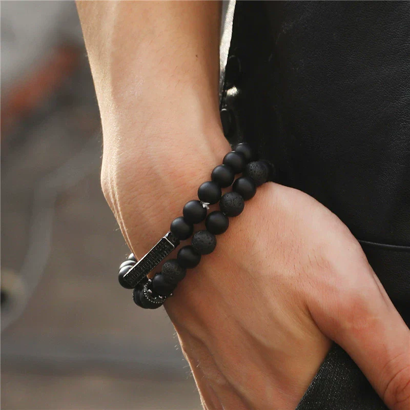 Wholesale Jewelry Copper Geometric Handmade Lava Stone Mixed Crown Elastic Bracelet Suit - Image 2