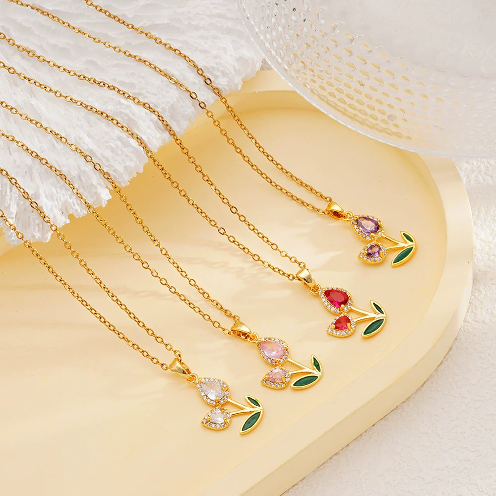 Wholesale Jewelry Copper Inlaid Zircon Electroplated Real Gold Flower Pendant Titanium Steel Chain Women's Necklace - Image 3