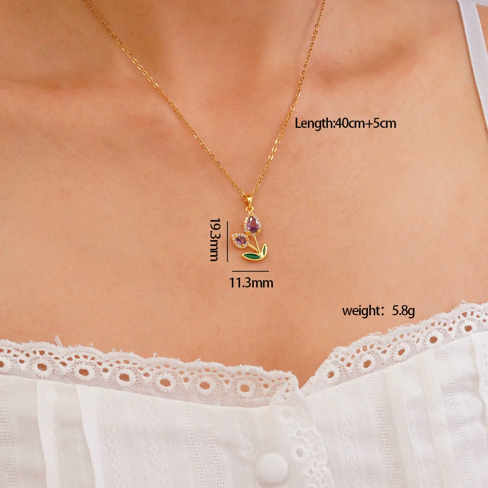 Wholesale Jewelry Copper Inlaid Zircon Electroplated Real Gold Flower Pendant Titanium Steel Chain Women's Necklace - Image 4